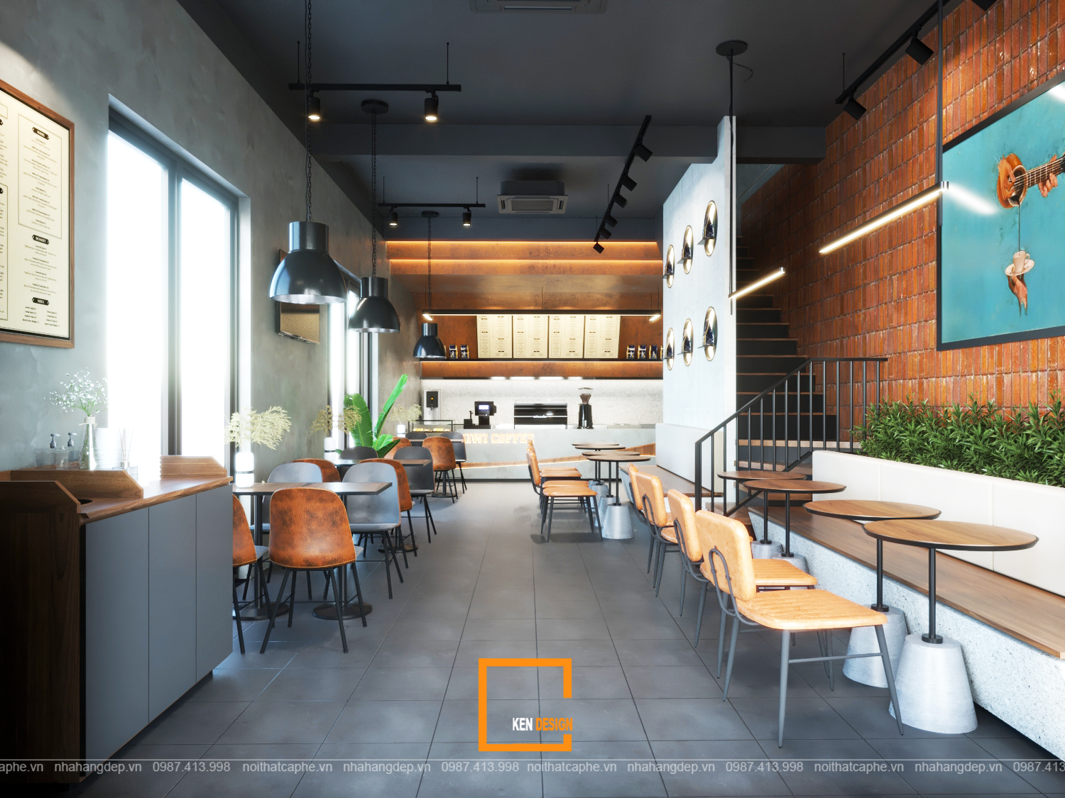 thiết kế quán cafe Kiwi Coffee tầng trệt