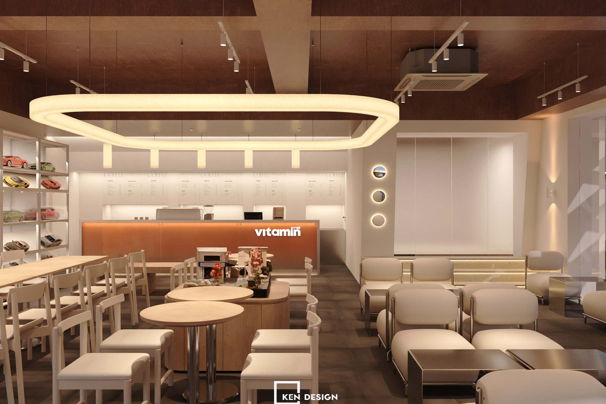 quầy bar cam và bậc thềm terrazzo trong thiết kế quán cafe Vitamin