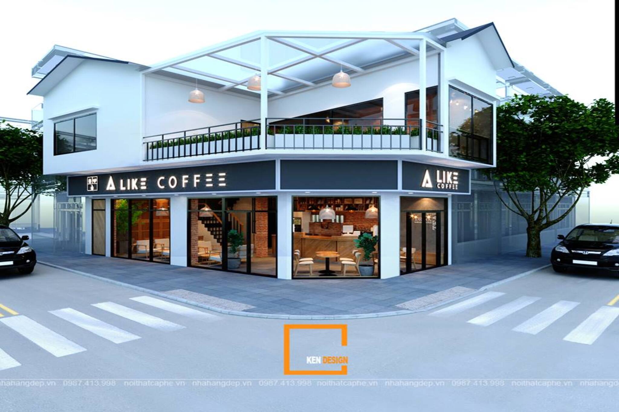 mẫu thiết kế quán cafe 2 mặt tiền với bảng hiệu ôm góc và mảng kính lớn