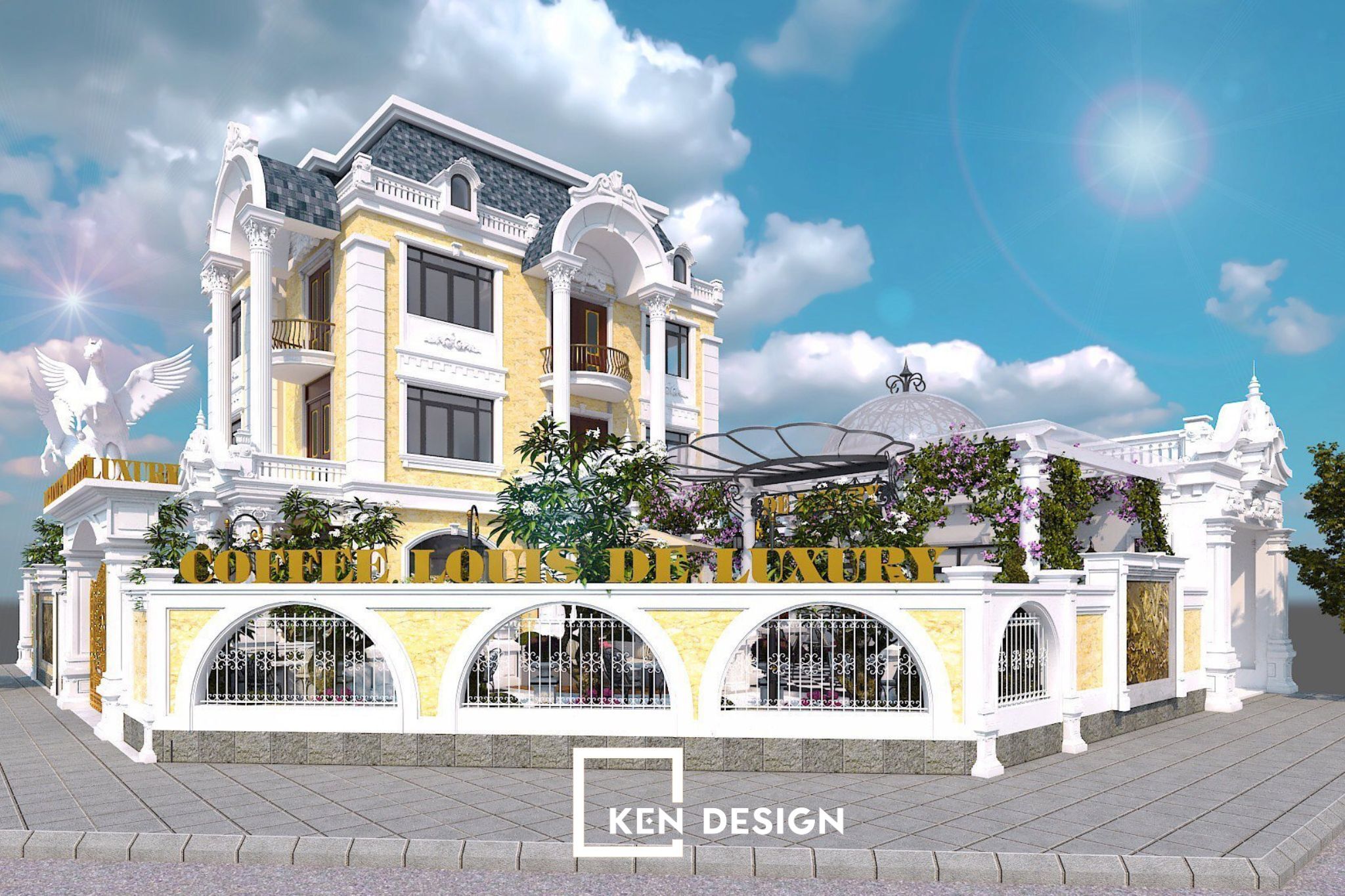 quán cafe 2 mặt tiền phong cách tân cổ điển với hàng rào vòm cuốn