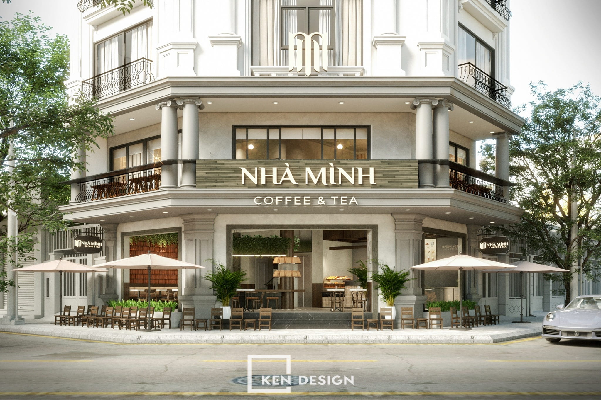 quán cafe 2 mặt tiền với ô dù lớn và dãy ghế gỗ mở rộng ra vỉa hè