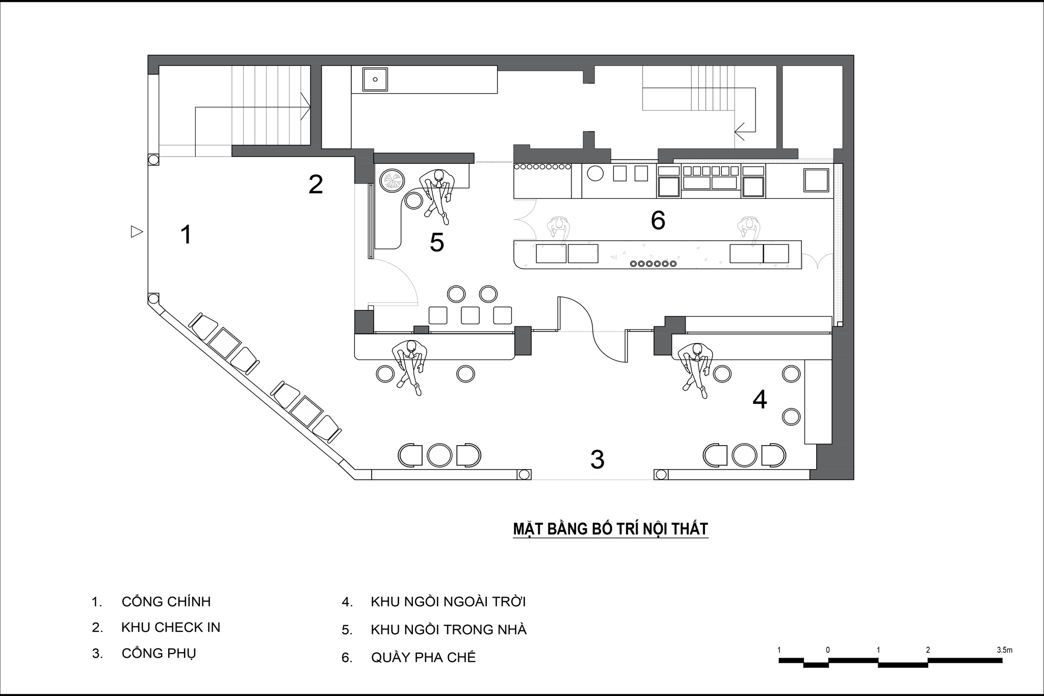 Sơ đồ phân khu cho một mẫu thiết kế quán cafe căn góc có khu check-in riêng