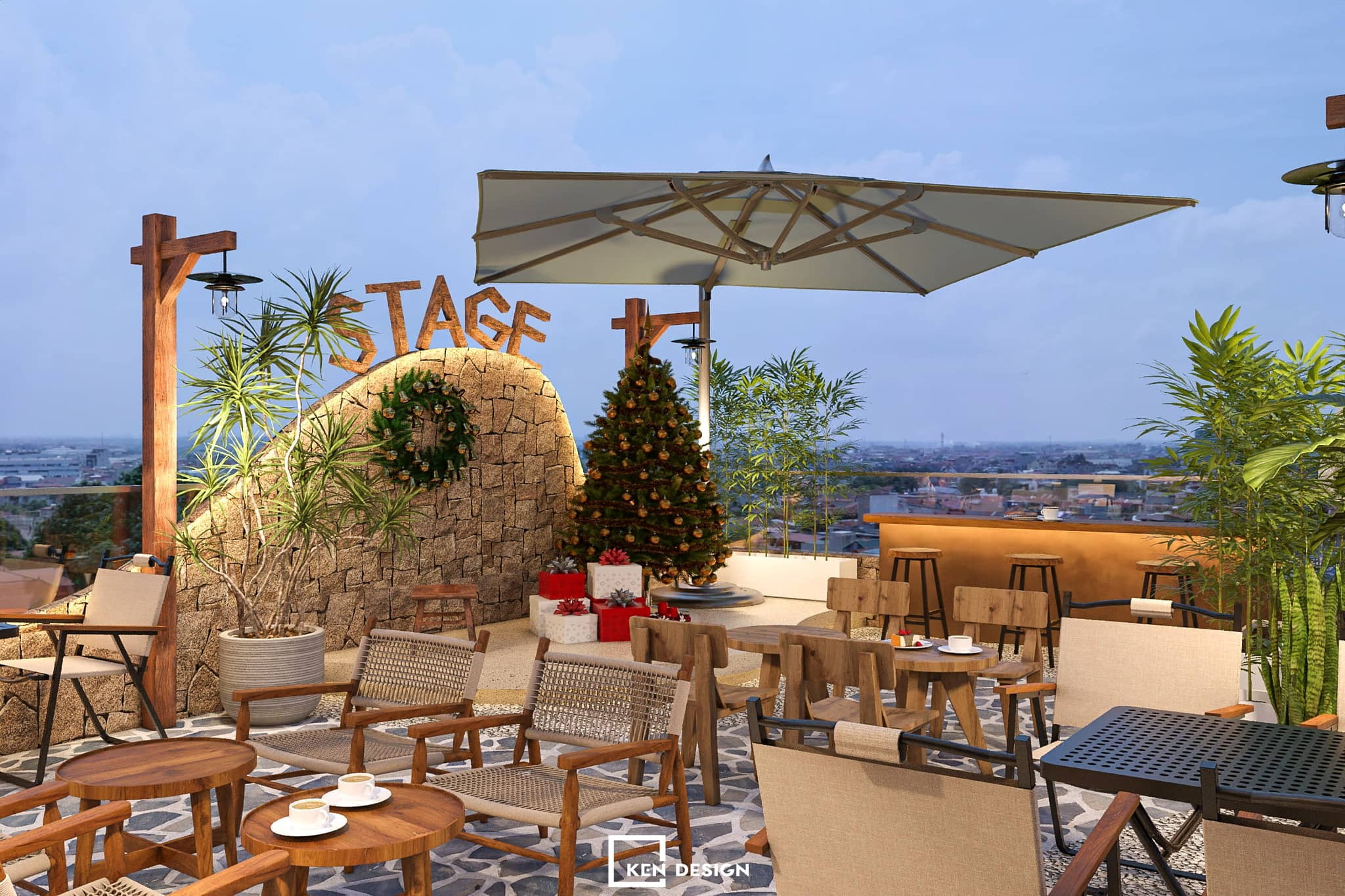 sân thượng có ô dù, tường đá bo cong và bàn ghế gỗ hoàn thiện theo thiết kế quán cafe phong cách trẻ