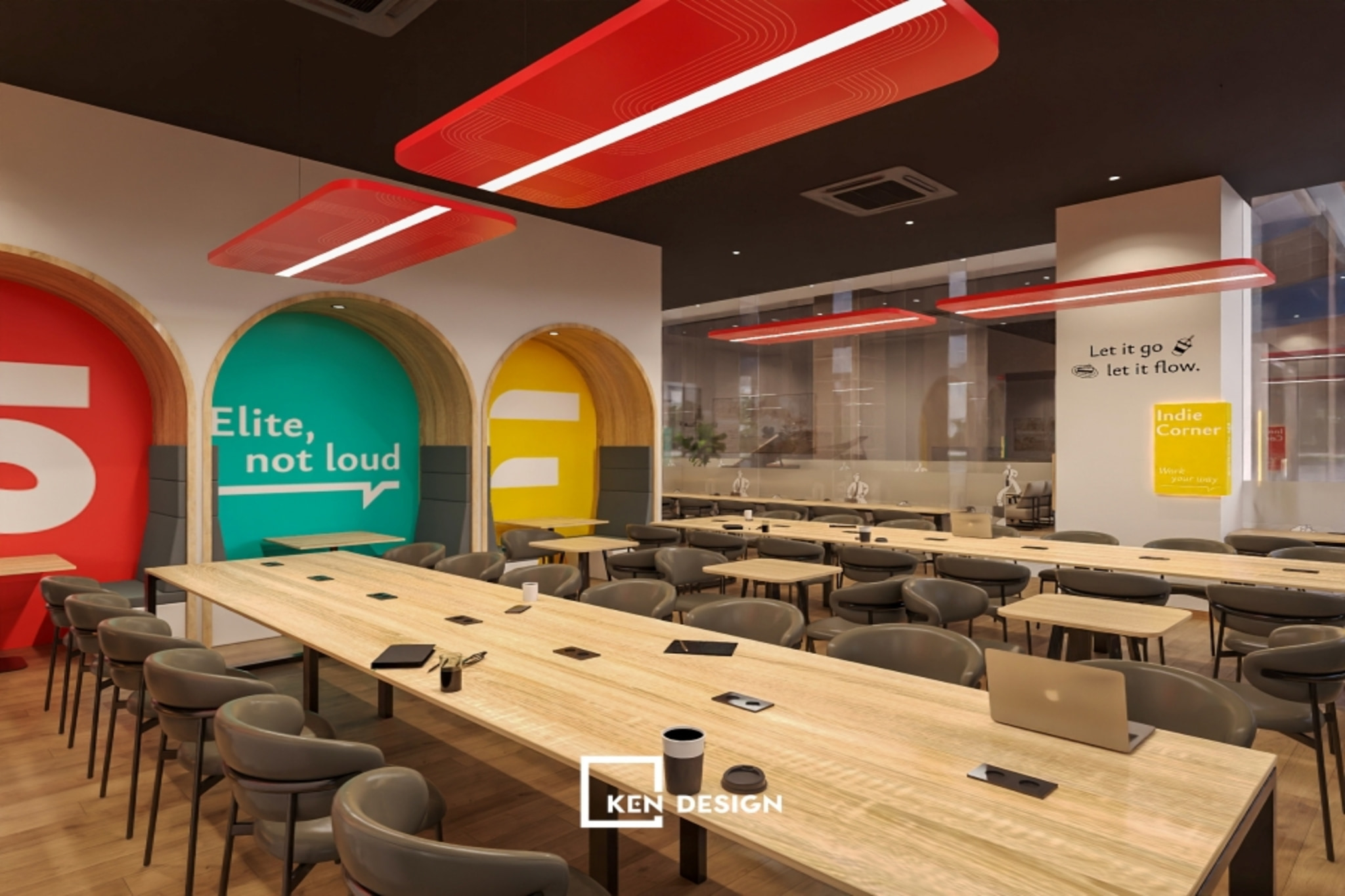 mảng tường vòm cung nhiều màu có chữ lớn thể hiện concept trong thiết kế quán cafe phong cách trẻ