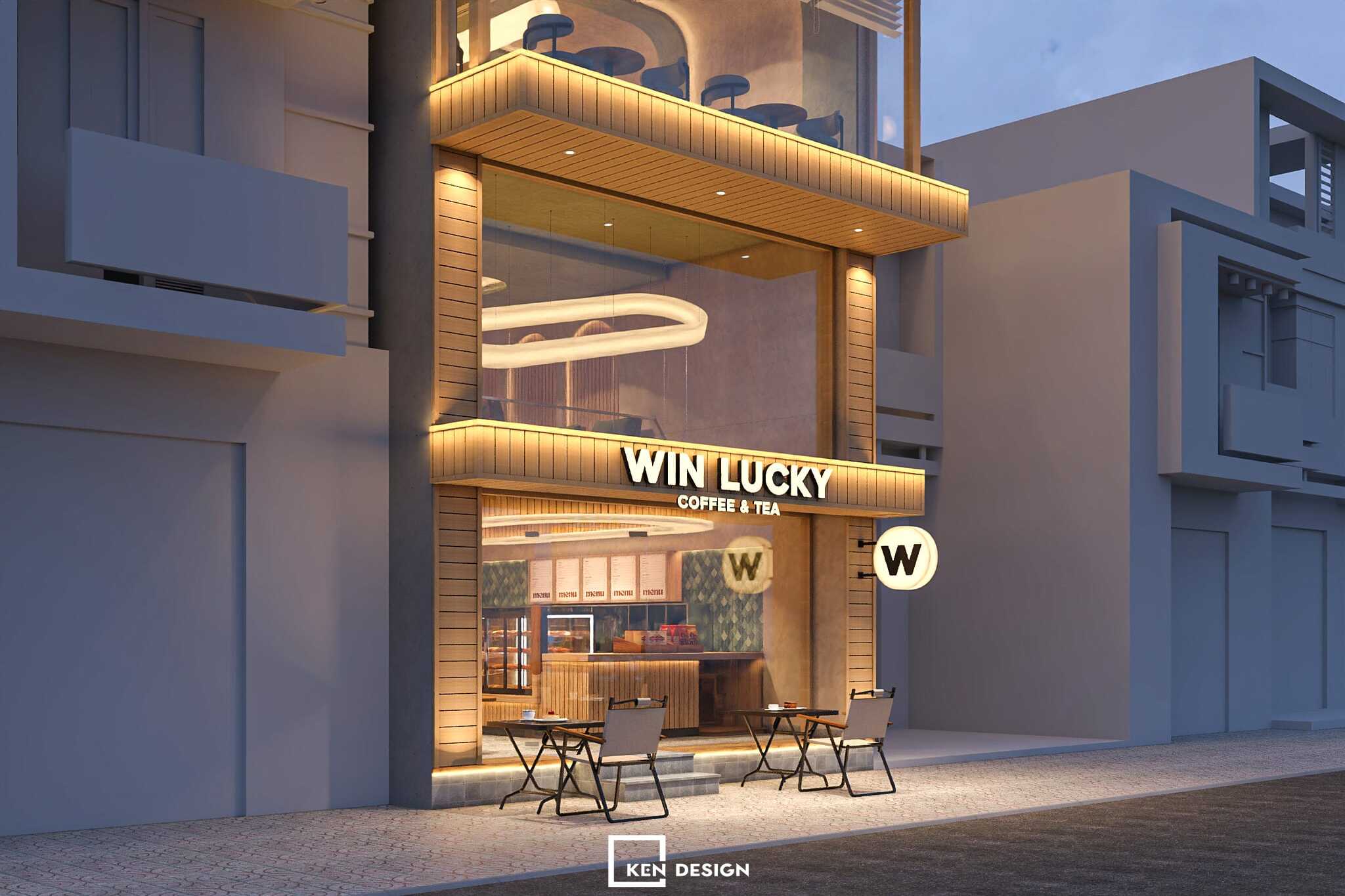mặt tiền nhà phố ốp lam gỗ, kính lớn và đèn hắt viền trong thiết kế quán cafe phong cách hiện đại