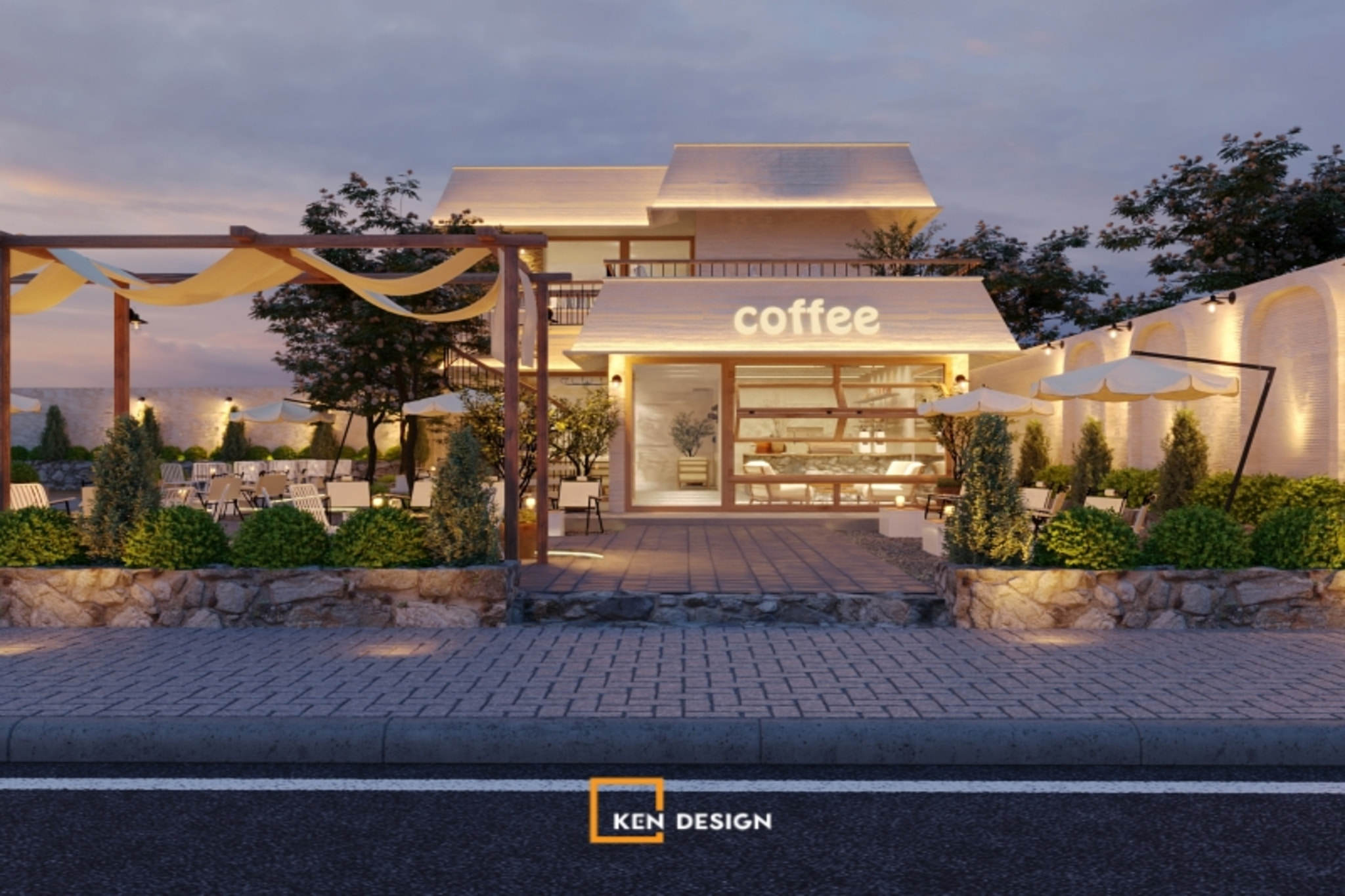 sân trước có ô dù, giàn pergola mắc vải và tường vòm trắng trong thiết kế quán cafe phong cách hiện đại
