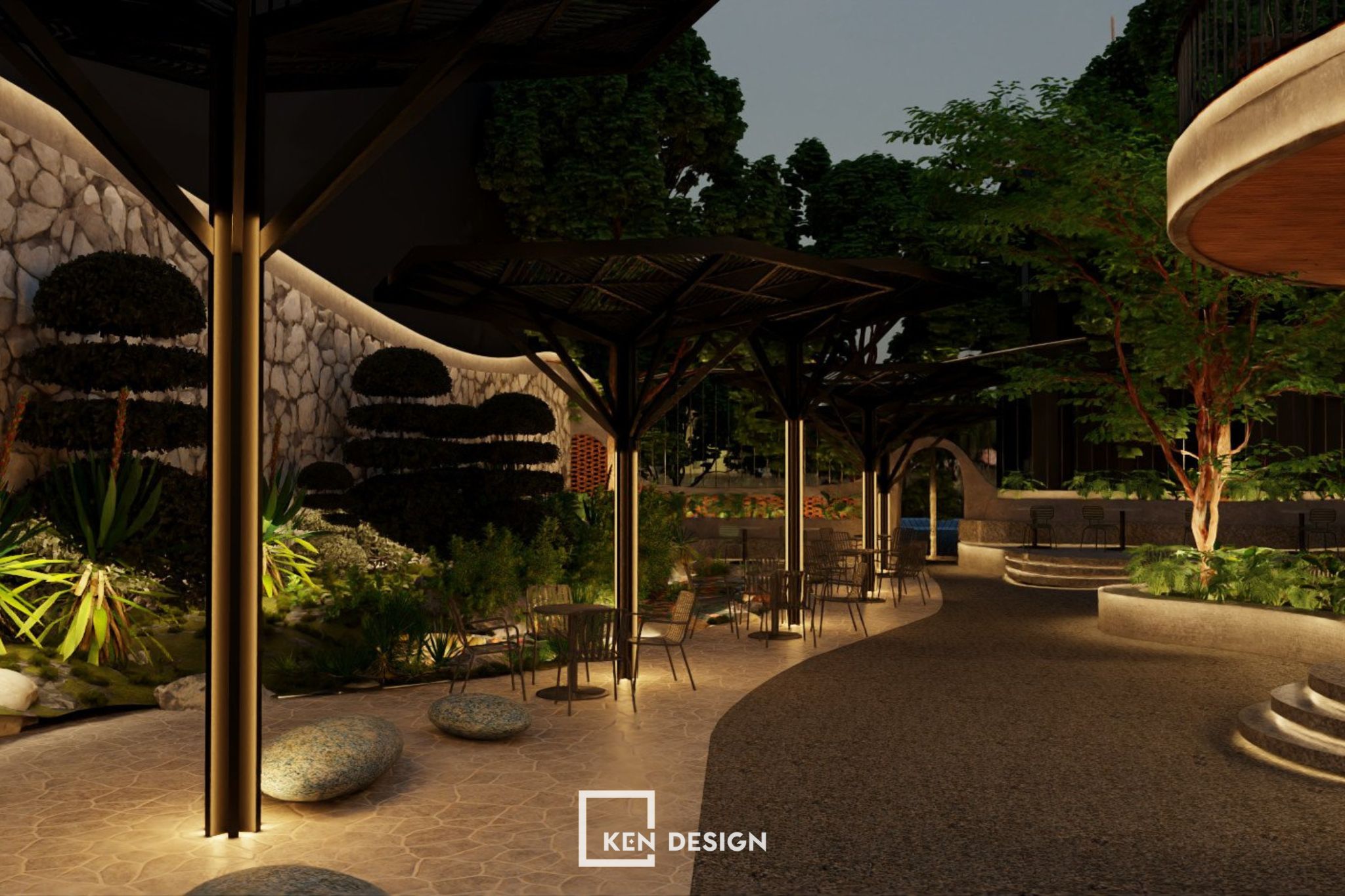 lối đi cong, cột đèn LED và khối đá làm ghế trong sân vườn thiết kế quán cafe phong cách hiện đại