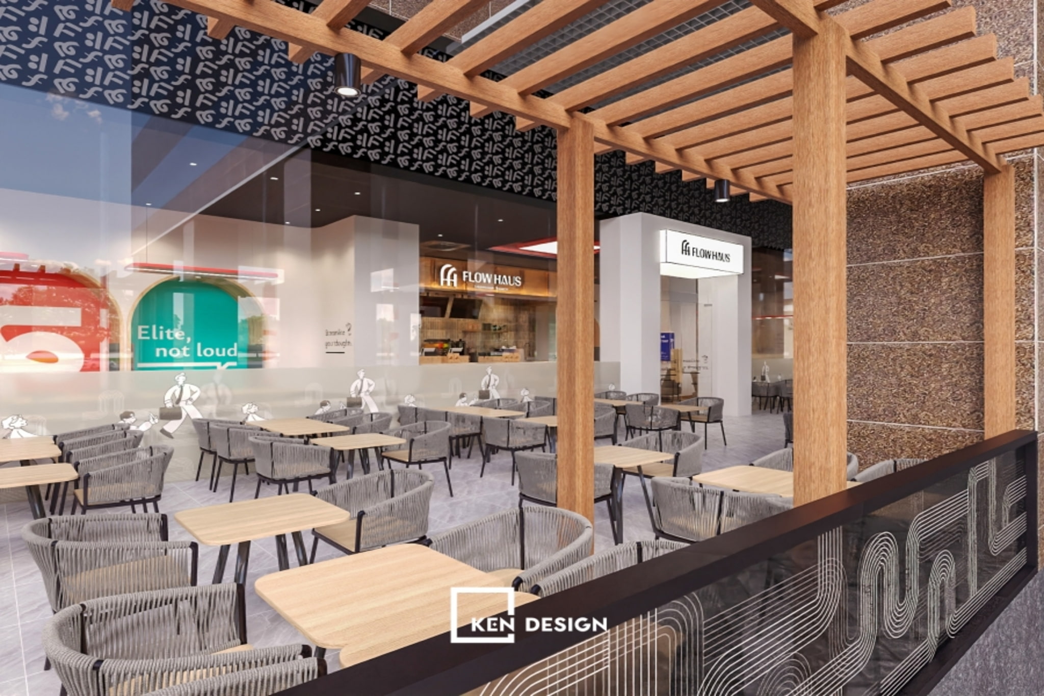 hiên pergola gỗ với ghế dây xám và bàn gỗ sáng làm khu chuyển tiếp trong thiết kế quán cafe phong cách hiện đại
