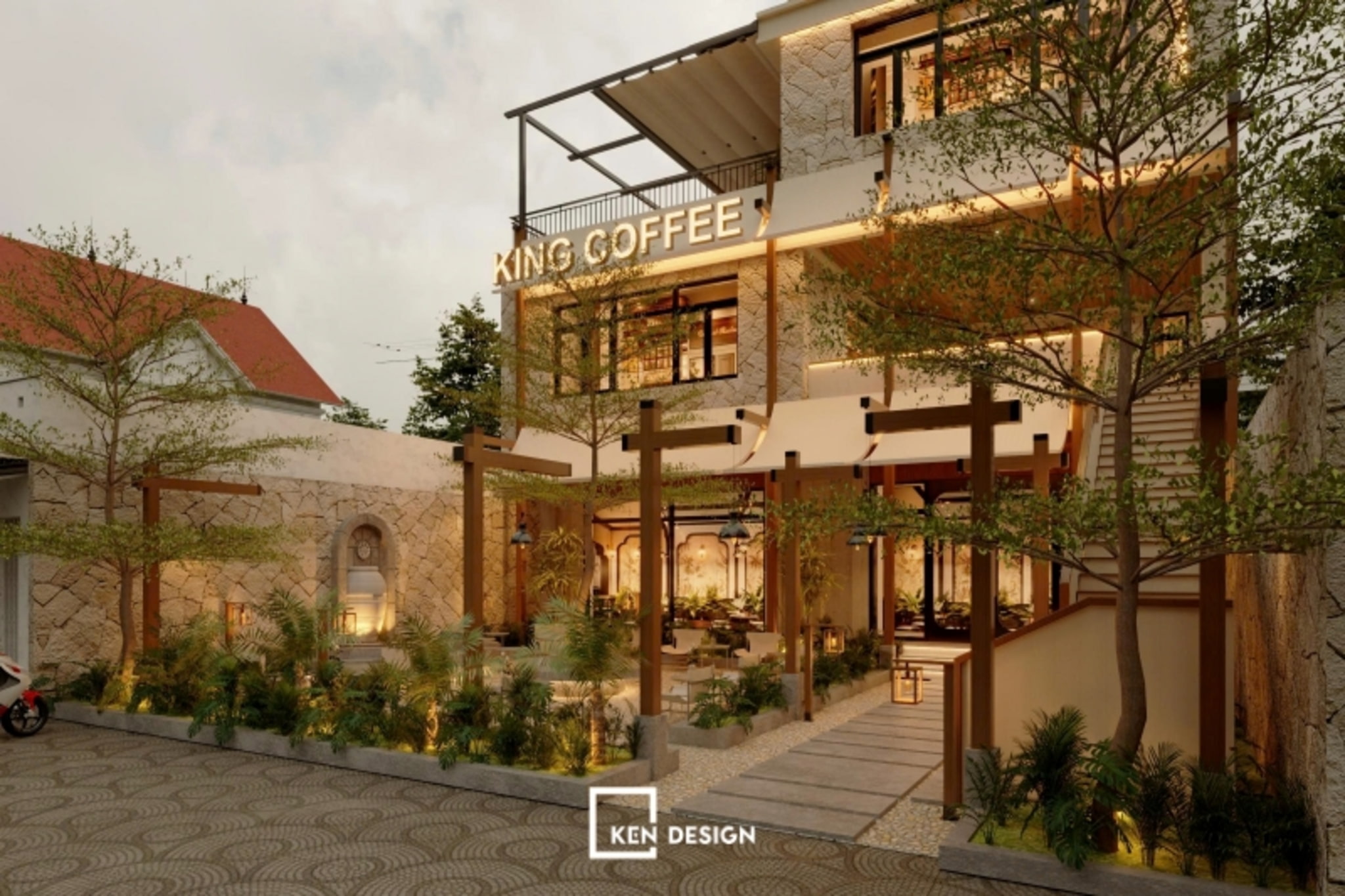 lối vào quán cafe có đèn lồng, tường đá và hàng cây xanh trong thiết kế quán cafe phong cách hiện đại